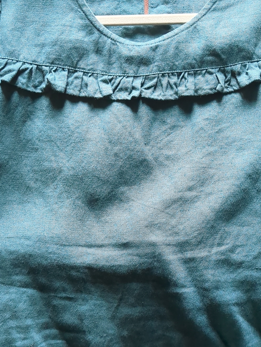 notPERFECTLINEN 100% Linen Cap Sleeve Ruffle Yoke Blouse - Teal Green - Picture 3 of 8